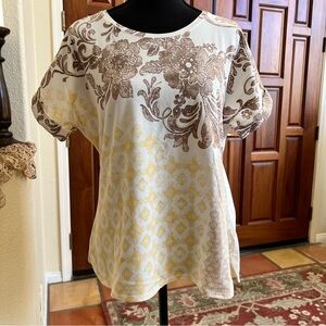 Women's Short Sleeve Floral & Geometric Print Top - Cream, Brown & Yellow
